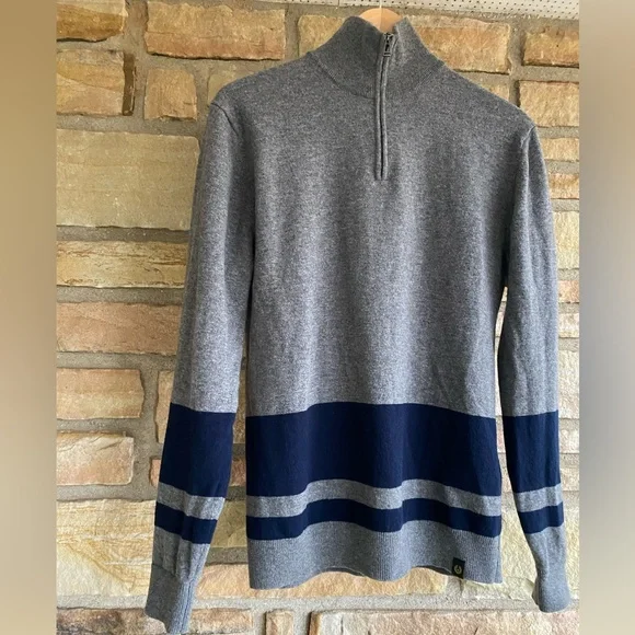 Belstaff Grey and Navy Striped Wool Quarter Zip Sweater Size S - Picture 1 of 8